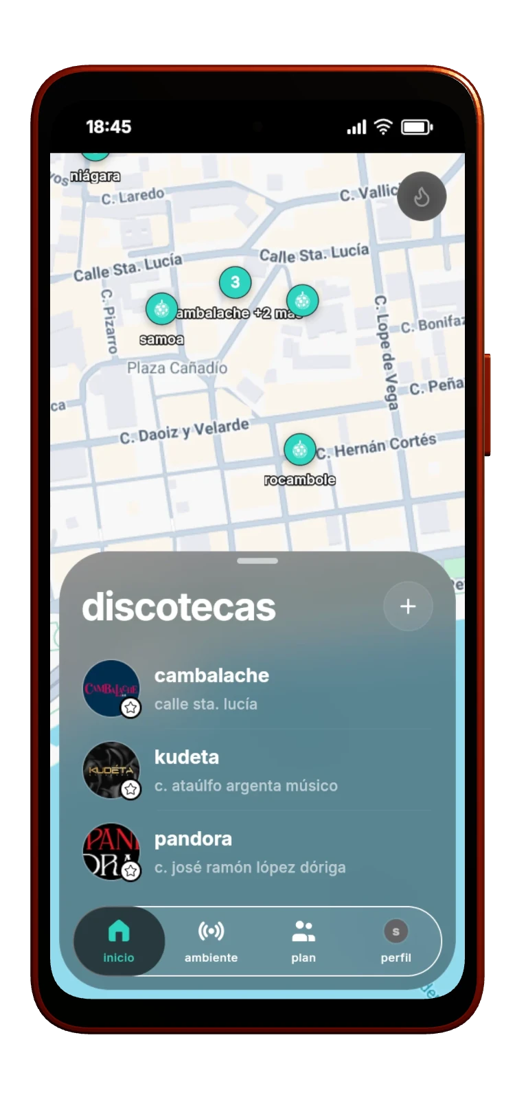Captura real del mapa y la lista de discotecas en un teléfono naranja de nox.