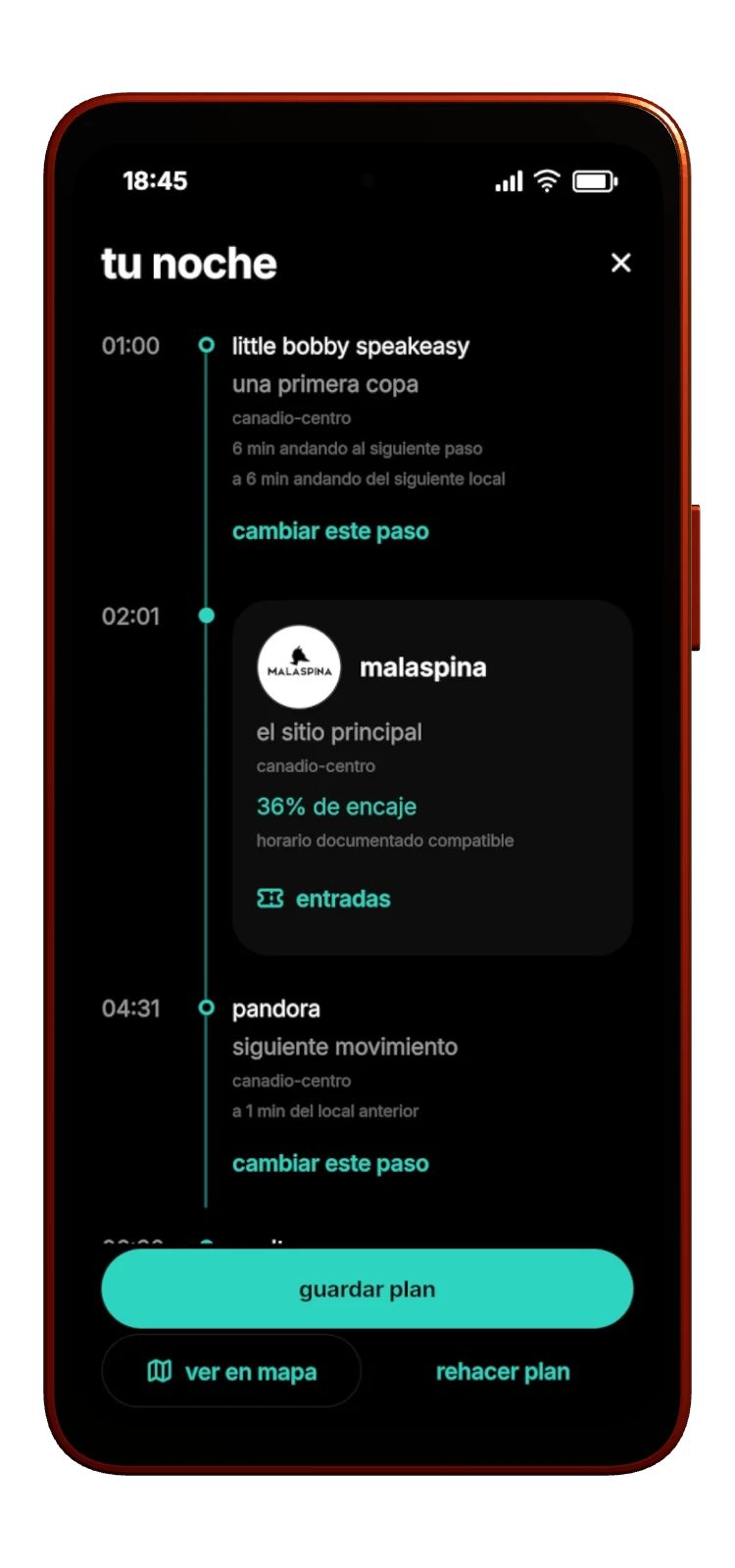 Captura real de un plan de noche en un teléfono naranja de nox.