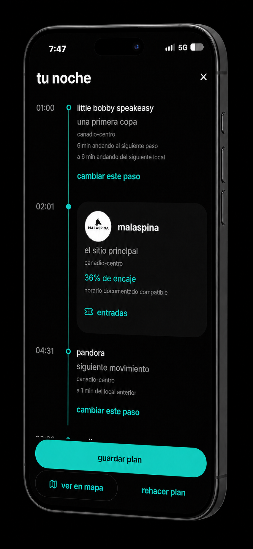 plan de noche real en la app nox. dentro de un iphone negro
